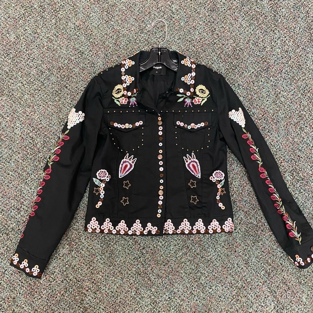 Desigual Ferrara Black Embellished Studded Embroidered Jacket Size 36, US Size 4 - Picture 11 of 16